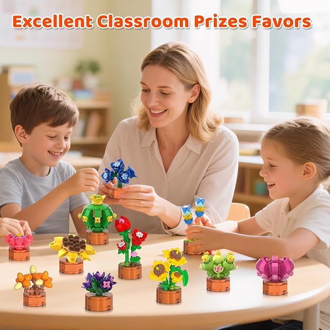 24 Pack Flowers Succulents Party Favors for Kids 6+ Mini Building Toys Sets | 1012PCS Botanical Bonsai 3.6mm Blocks for Classroom Prizes Goodie Bags Filler Stocking Stuffers, Birthday Gift for Girls Boys