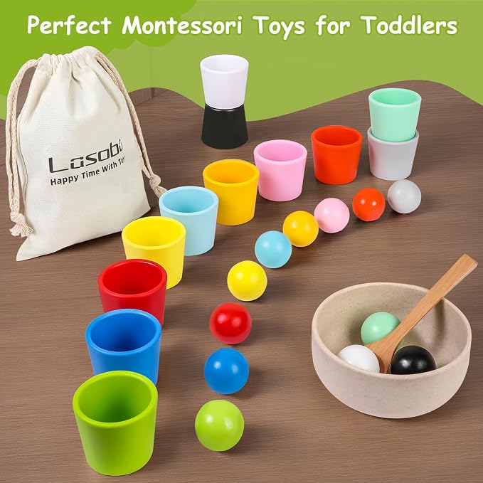 Rainbow Balls in Cups Toddler Montessori Toys (12 Balls, 1.4 in) | Color Sorting Toys for Toddlers for 3 Year Old Up, Learning Color Sorting and Counting, Kids Preschool Wooden Matching Games