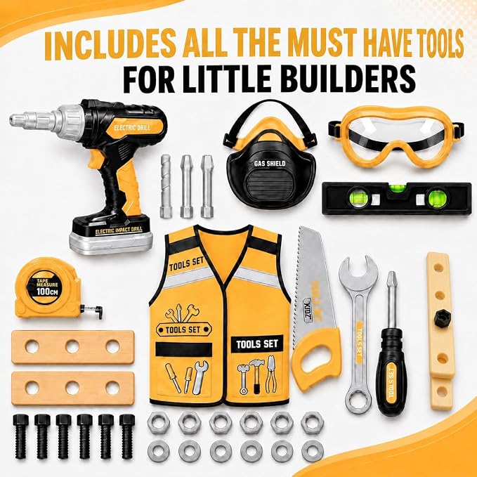 Kids Tool Set with Carrying Case, Electronic Toy Drill with Bits & Construction Vest – Pretend Play Kit with Safety Googles, Gas Shield, Tape Measure, Saw, Bubble Level, Screwdriver, Nuts & Bolts