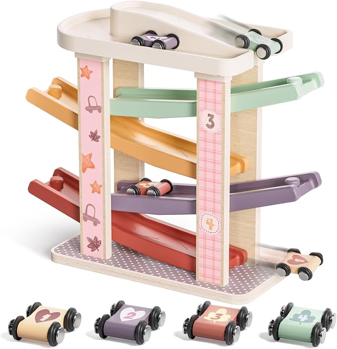 TOP BRIGHT Toddler Toys for 1 Year Old Girl Gifts, Wooden Car Ramp Toys | Includes 4 Cars & Garage, Wooden Ramp Develops Motor Skills, Montessori Learning Toy for Girls 1-3 Years