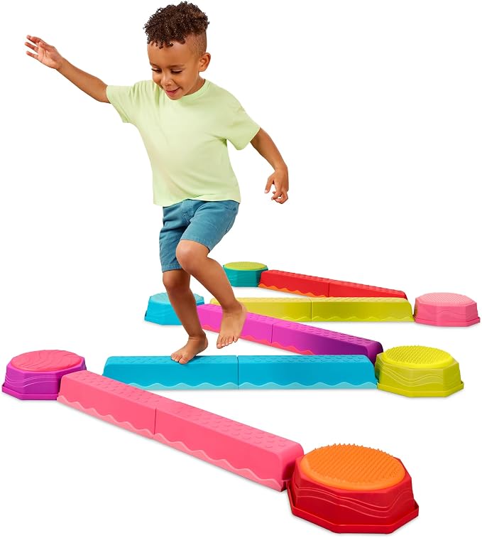 B. toys Balance Beam Set, 10 Beams & 6 Sensory Stepping Stones, Rainbow | Balance & Build Set in rainbow colors with 16 interlocking pieces, 10 beams and 6 sensory stepping stones, Summer, 3+ Years