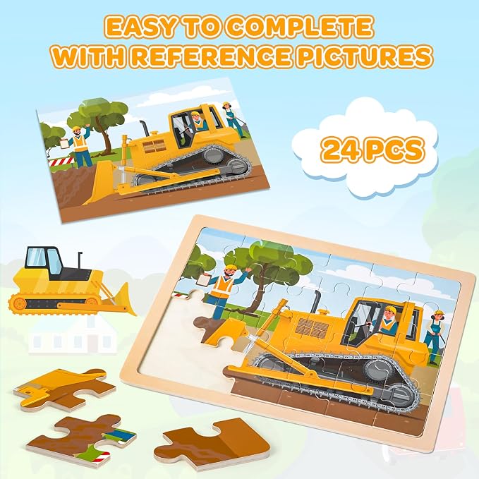 4-Pack Wooden Puzzles for Kids Ages 3-5, 24-Piece Construction Vehicle Set | Toddler Puzzles Ages 3-5, Preschool Puzzles with Wooden Jigsaw Boards for Fine Motor Skills, Shape Recognition and Travel