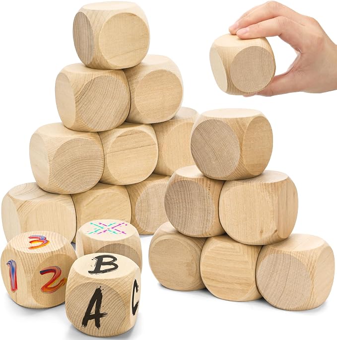 20 Pcs Blank Wooden Dice, 2 inch Unfinished Square Blocks, Blank 6 Sided Wood Cubes with Rounded Corners for Building Blocks, DIY Craft Projects, Party Supplies