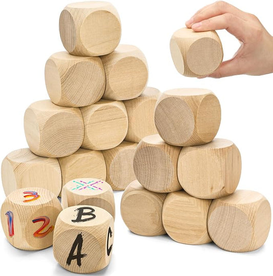 20 Pcs Blank Wooden Dice, 2 inch Unfinished Square Blocks, Blank 6 Sided Wood Cubes with Rounded Corners for Building Blocks, DIY Craft Projects, Party Supplies