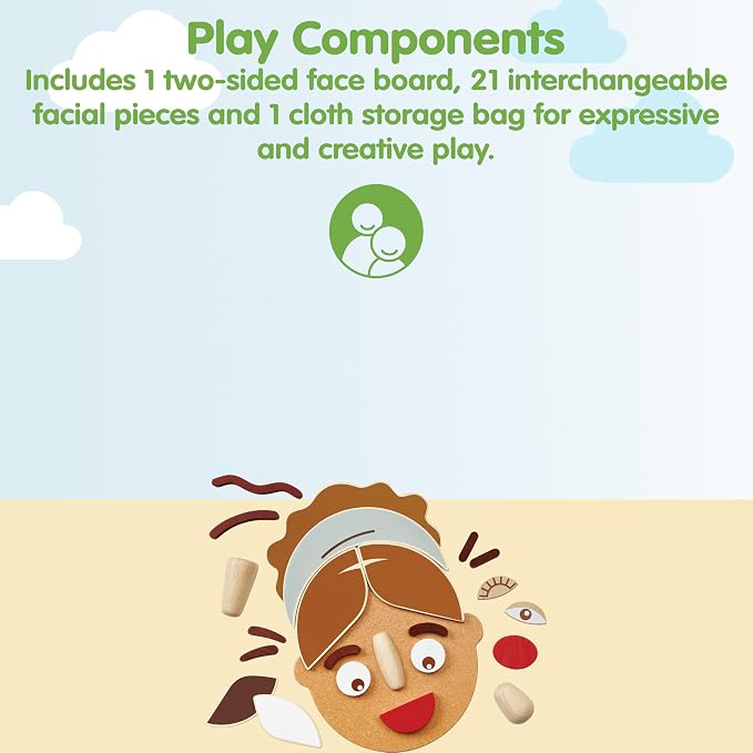 PlanToys® Wooden Build A Face Play Set Montessori Social Emotional Kids Toy | face pieces, sensory toys, girls, boys, emotional expression, creative fine motor gift preschool learning family fun set