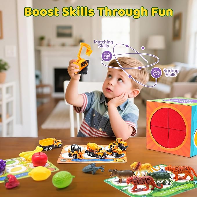 JoyCat Montessori Sensory Sorting Box with 48 Objects for Kids Ages 3-5 | Forty-eight themed objects support sorting, matching, naming and open-ended preschool play in one activity box