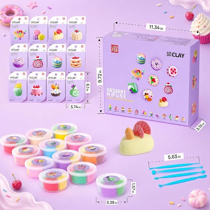 Air Dry Clay Kit -12 Desserts Modeling Clay for Kids Arts and Crafts | Ultra Light & Soft,Safe & Non-Toxic,No-Sticky & Crack,DIY Molding Clay with Sculpting Tools,Party Favors Gifts for Girls Boys