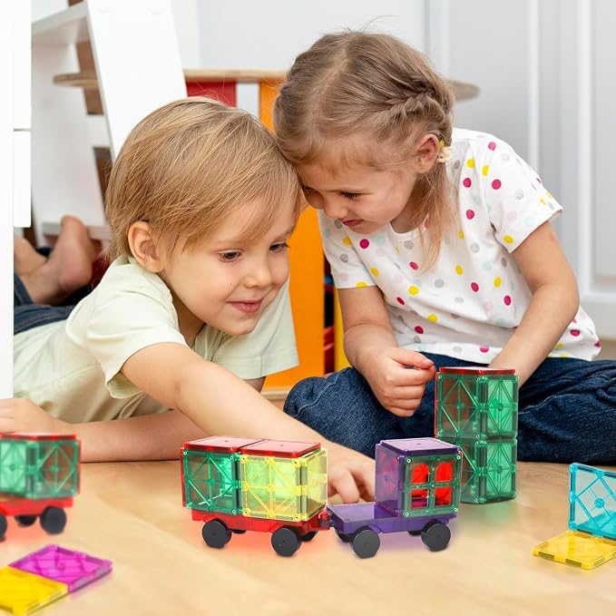 Playmags Magnetic Car Set (4 Pieces) - Strong Magnet Car Bases for Magnetic Tiles, STEM Building Toy Accessories for Kids, Compatible with Magnetic Blocks, Durable Wheels
