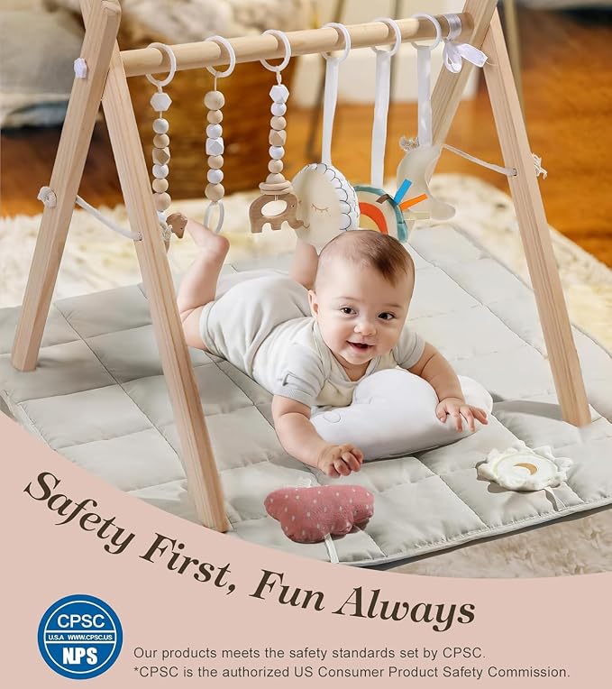 Wooden Play Gym with Beige Mat, Foldable Baby Play Gym, Infant Activity Mat with 6 Hanging Toys, Natural Pine Wood Frame Activity Center, Easy to Assemble & Clean, Newborn Present for Boys & Girls