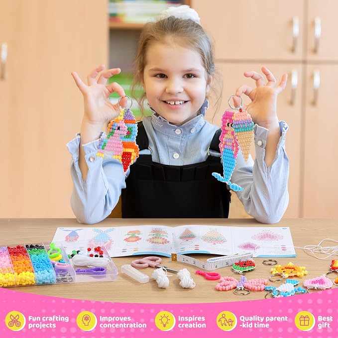 Funtopia Pony Beads Kit for Keychain Making, Mini Pony Bead Pets for Kids | Includes Instructions for 15 Cute Designs and Storage Box, Beginners Kids Craft Kit for Rainy Day Group and Family Activities