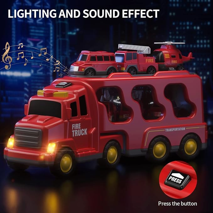 Fire Truck Toys for Toddler 3-5, Transport Car with Light Sound | 7-in-1 Fire Car Carrier Vehicle Set for Girls 3 4 5 6 Years Old, Birthdays Gifts for Kids Girls Aged 3-9