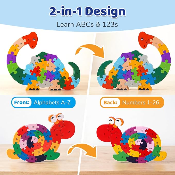 LovesTown Wooden Puzzles, Snail & Dinosaur, Double-Sideld | Alphabet & Number Learning, Montessori Toy, for Kids, Shape Recognition, Fine Motor Skills, Screenless Play