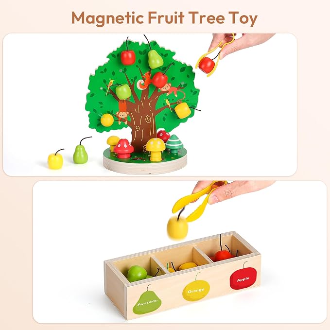 Apple Picking Magnetic Tree Toy, Montessori Toy for Toddler Age 3-6 | Develops Fine Motor Skills, Color Sorting & Matching Game, Wooden Sensory Play, Educational Fall Autumn Learning Gift for Kid