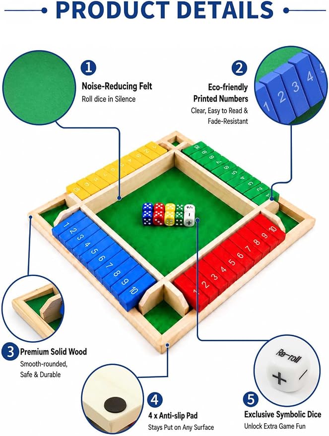 Upgraded 8.7-inch Shut the Box Game, Easy Quick and Fun Educational Math Game with 2 Symbolic Dice, 1-4 Players Wooden Board Games for Family Night Classroom Party, Tabletop Games for Kid Adult Senior