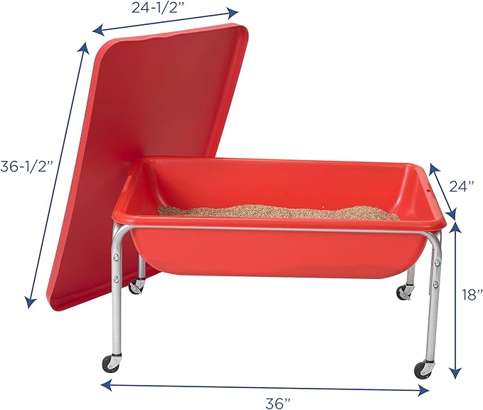 Children's Factory Medium Sensory Table and Lid – 18″ Height, Sandbox with Lid, Water Table for Kids, Red | Sandbox with Locking Casters for Indoor or Outdoor Use, Rust-Resistant Sensory Bin for Classrooms, Preschools, and Daycares