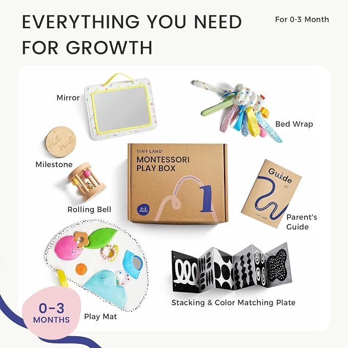 Tiny Land Montessori Baby Toy Set 0-3 Months 5 in 1 Sensory Kit | Mirror, black and white cards, rolling bell, play mat, bed wrap, tummy time, visual and auditory play, newborn gift