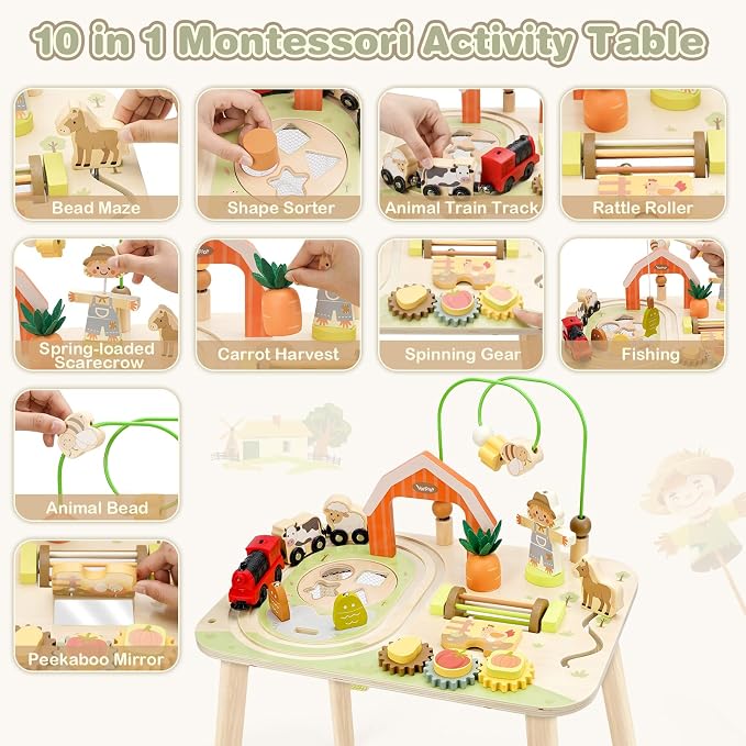 Vanplay Activity Table for 1 2 Year Old Boy Girl Birthday Gifts | 10 in 1 Farm-Themed, Upgraded Large Size, Learning Activities with Fishing/Shape Sorte/ Animal Train Track for Toddler 1-3