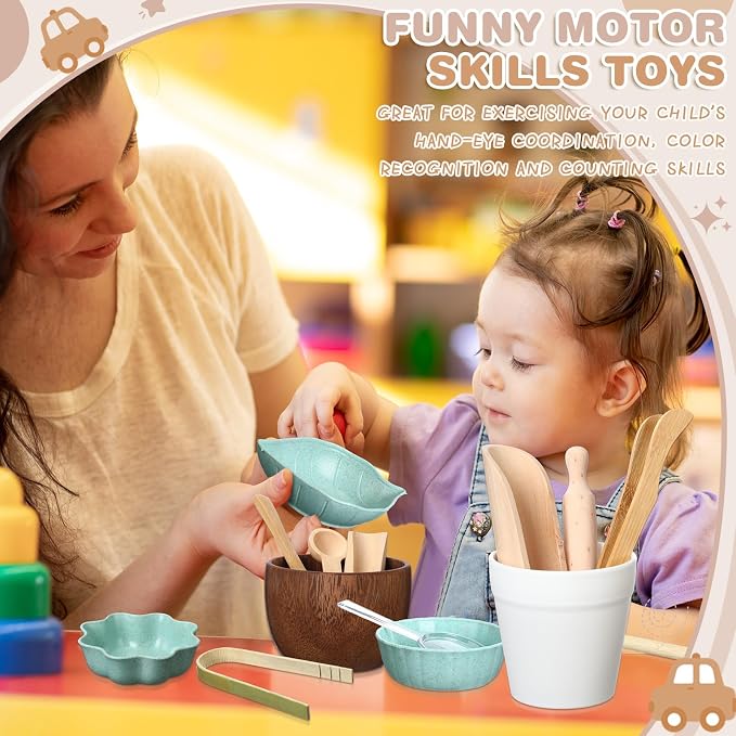 14pcs Sensory Bin Tool Sensory Tools for Boys and Girls Fine Motor Skill Toys Wooden Tong Spoons Bowls Plate Hammer Magnifying Glass and Rolling Pin for Transfer Work and Fine Motor Learning