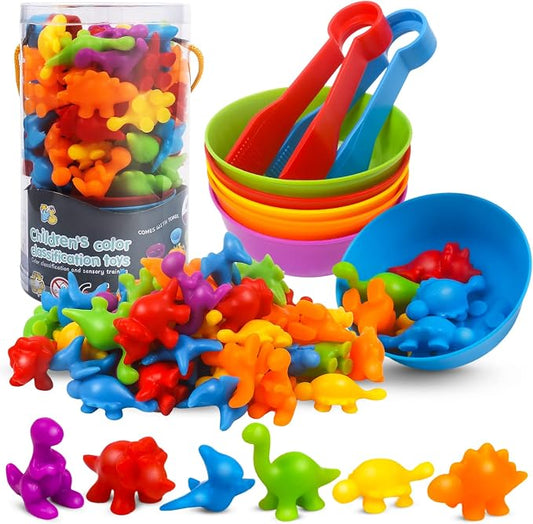 GKDOMS Counting Dinosaurs Toys Matching Game with Sorting Bowls Preschool Learning Activities Montessori Sensory Toys for Math Color Sorting, Party Favors Birthday Gift for Toddlers