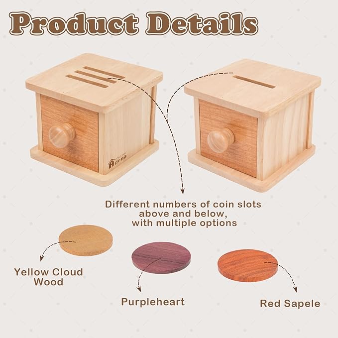 Adena Montessori Wooden Double-Sided Coin Box Object Permanence 6-12 Months | Solid wood, smooth edges. Two play modes, 6 coins. Builds grip, focus, fine motor. For 6-12 month infants. Gift.
