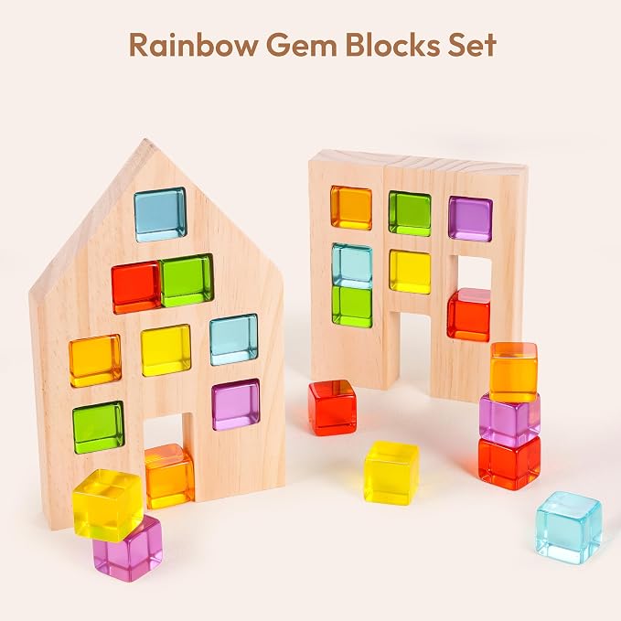 Woodtoe 24 PCS Rainbow Blocks Set, Wooden Building Blocks for Kids Ages 3-6 | Montessori Stacking Toy, Educational STEM Sensory Activity, Creative Building Game, 2 Wood House, Birthday Toy for Boys Girls
