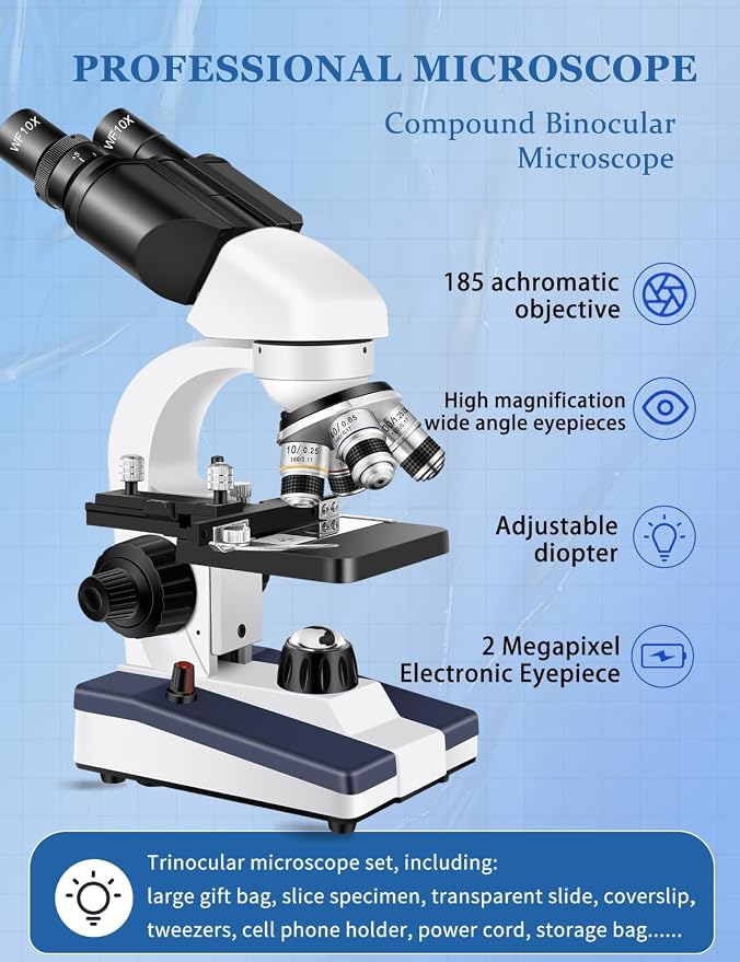 Microscope for Adults WF10x and WF25x eyepieces Compound Microscope with Microscope Slides, Microscope Kit for Kids Students Home School