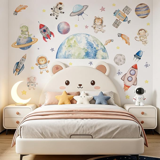 LHIUEM Space Animal Astronaut Wall Decals 39"X12" Cute Outer Space Peel and Stick Wall Stickers Planet Rocket Bulletin Board Decor Removable Self Adhesive Educational for Kids Bedroom Nursery