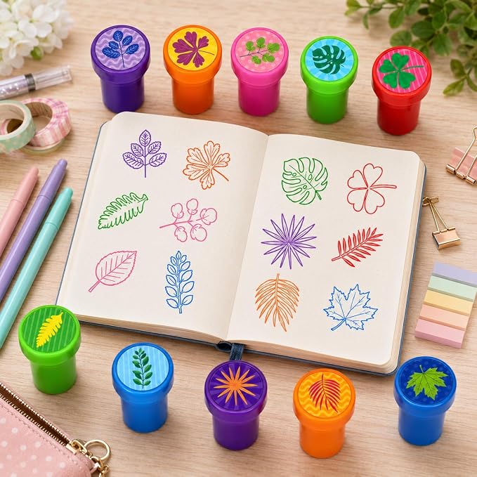 Cinrobiye 24 Pcs Nature Leaf Stampers for Kids, Pre-Inked Leaf Party Favor Set, Forest Theme Birthday Party Supplies, Classroom Rewards, Goody Bag Fillers, Piñata Fillers, Treasure Box Toys