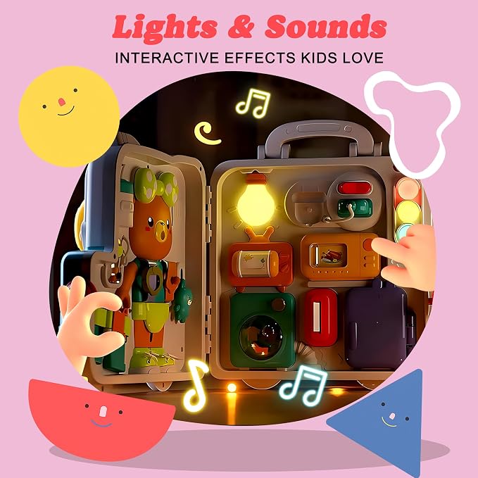 Busy Board for Babies 6-12 Months, 54-in-1 Musical Travel Board | Portable Activity Board with Lights & Music, Fine Motor Skills, Sensory Travel Toys for Airplane Cars, Gift for Boys Girls