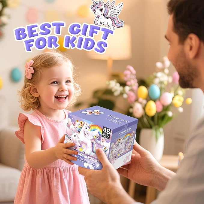 Jumbo Floor Puzzle for Kids,48 Piece 3D Unicorn Jigsaw Puzzle Ages 3-8 | Extra-Thick Easy-Grip Pieces Form a 35.4 x 23.6-Inch,Unicorn Puzzle,Preschool Learning Gift for Boys and Girls Ages 3-8