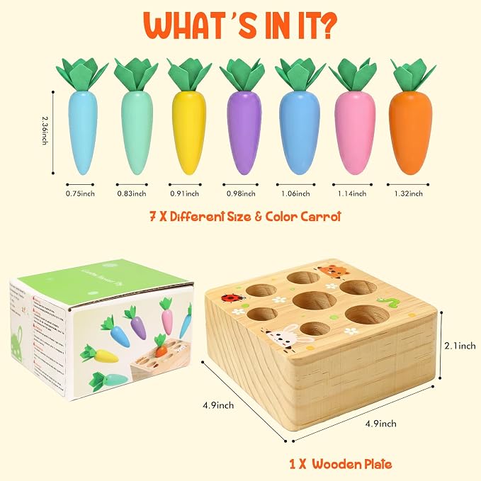 Wdmiya Montessoritoys for 1 Year Old, Developmental Wooden Toys 6-12 Months | Shape Sorting & Matching Puzzle Macaron Carrots Harvest Game, Christmas Birthday Gifts for Toddlers Babies Boys and Girls