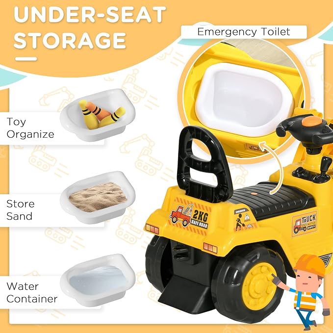 HOMCOM Ride On Excavator Ride On Bulldozer with Horn, Under Seat Storage | Kids Bulldozer Pull Cart, Sit and Scoot, Pretend Play Toy Construction Car, Ages 18-48 Months