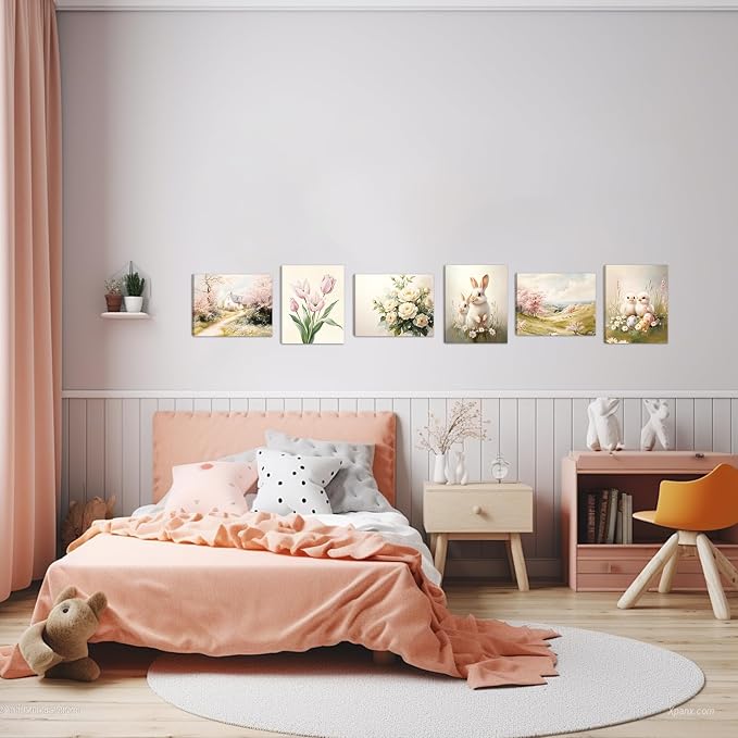 HOURIA 6Pcs Framed Spring Canvas Wall Art(8”x10”), Eggs Bunny Chicks Easter Wall Decor, Vintage Spring Tulip Floral Wildflowers Cottage Landscape Art Prints for Farmhouse Living Room Bedroom Nursery