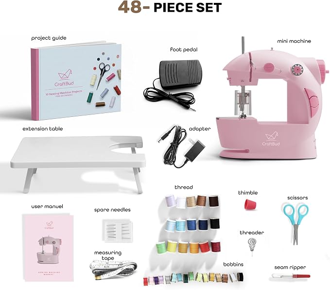 CraftBud Mini Sewing Machine for Beginners, Adults and Kids Sewing Machine | 48-Piece Sewing Kit Accessories, Portable, Dual Speed, Extension Table, Foot Pedal, Built-in Light, Guide Book & More, Pink