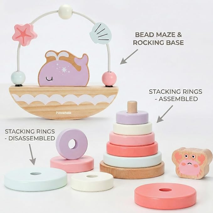 Pillowhale Montessori Wooden Toys Set for Toddlers 12M+ 4-in-1 Educational Toy with Stacking Rings, Shape Sorter, Bead Maze & Baby Car