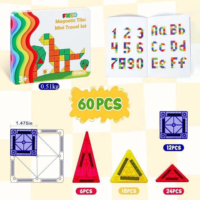 FNJO Mini Magnetic Tiles, Magnet Building Set,60 PCS Building Blocks Set STEM Preschool Montessori Toy for Kids Boys Girls