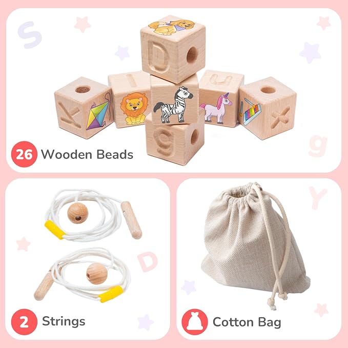 Alphabet Lacing Letters for Toddlers - ABC Lacing Beads, Fine Motor Threading Wooden Toy with Objects & Animals (26 Large Stringing Blocks, 2 Ropes, Cotton Bag)