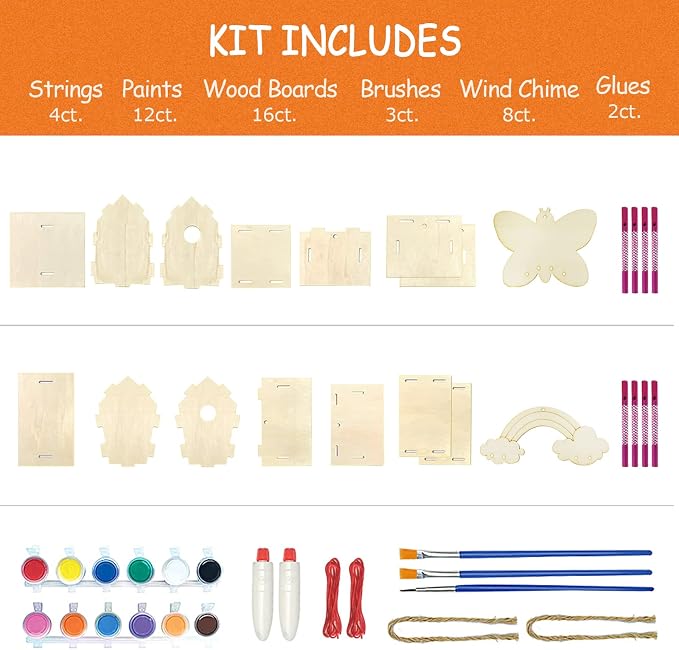 4 Pack DIY Bird House Wind Chime Kit for Crafts for Kids Ages 4-8 | Build and Paint Birdhouses Wooden Arts Kits Easter Basket Stuffers Gifts for Girls Kids Boys Toddlers Ages 3-5 4-6 6-8 8-12