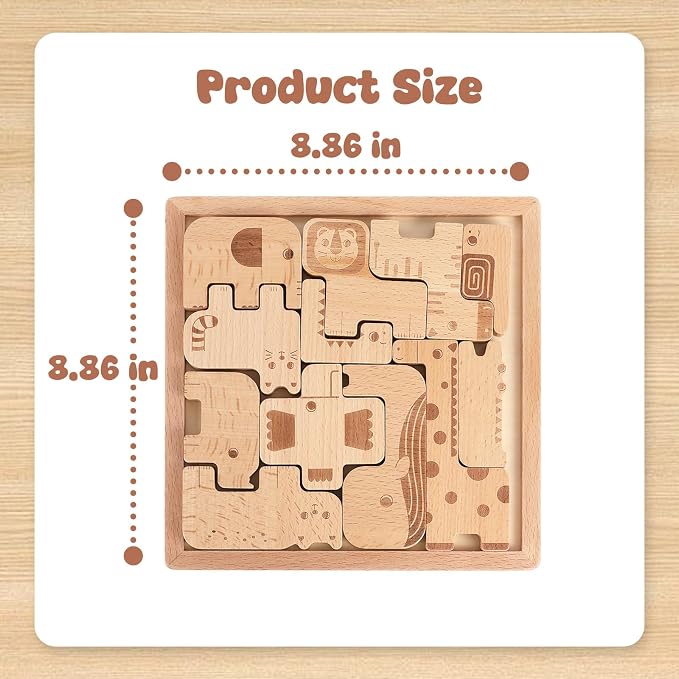 Freniland Wooden Animal Puzzle for Toddlers, 2-in-1 Safari Animal Puzzle & Stacking Toy, Easy-Grip Peg Board Montessori Shape Matching for Kids 18M+