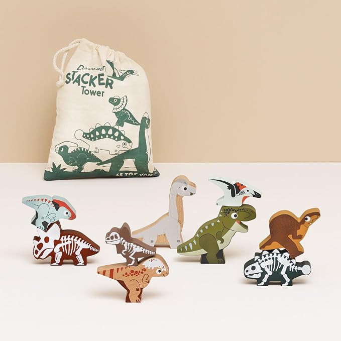Le Toy Van Wooden Jurassic Stacking Dinosaurs & Bag, 18m+