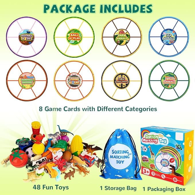 Sorting Toys for Toddlers, 48pcs Toys Match Card Sort Game with Storage Bag | Sorting Matching Game Set, Multiple Theme Fine Motor Toys Sensory Play Box Preschool Learning Activities Education Playset