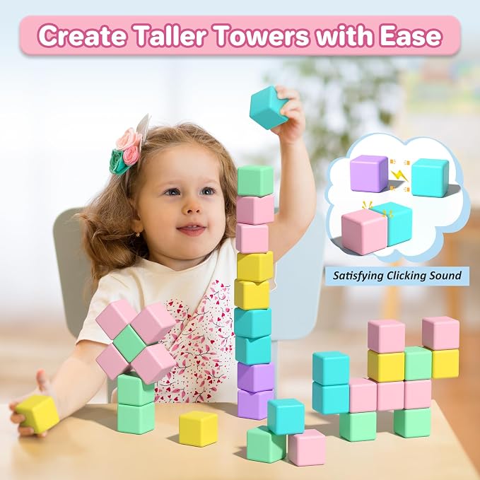 Magnetic Blocks for Toddlers, 1.34in Macaron Magnetic Building Cubes for Kids Ages 1-3, Stem Preschool Stack Construction Educational Toys for 3+ Years Old Boys Girls
