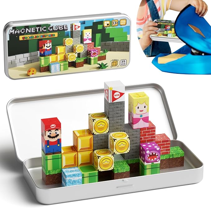 Magnetic Adventure Travel STEM：35PCS Mini Blocks Kit for Ages 3-5 | Magnetic Tin Box Baseplate, 35 Adventure Builds, 40+ Min Focus, 0.8in Mini, N32 Magnets, ASTM Certified, Travel Ready