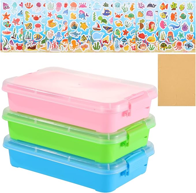 3 Pcs Plastic Sensory Bin Sand Tray with Lid 8 Stickers Portable Sandbox Container with Handle Clear Lid Stackable Play Tray for Home Office Storage Sand Arts Crafts Organizing