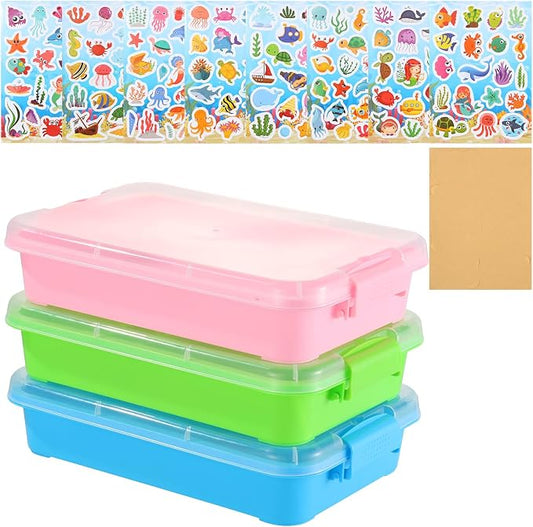 3 Pcs Plastic Sensory Bin Sand Tray with Lid 8 Stickers Portable Sandbox Container with Handle Clear Lid Stackable Play Tray for Home Office Storage Sand Arts Crafts Organizing