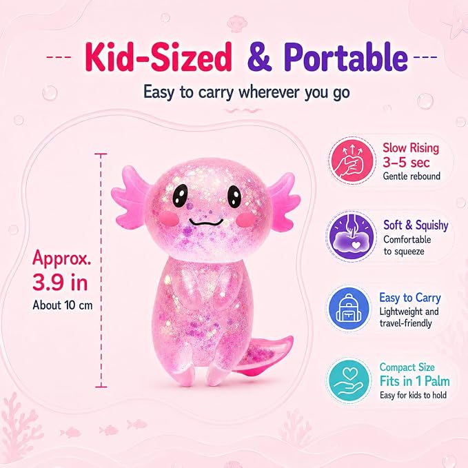 Axolotl Squishy Stress Ball, Soft TPR Slow Rising Squeeze Toy, Cute Axolotl Fidget Toy for Stress Relief, Anxiety Calming Sensory Toy for Kids Adults(Pink Long Tail Axolotl)