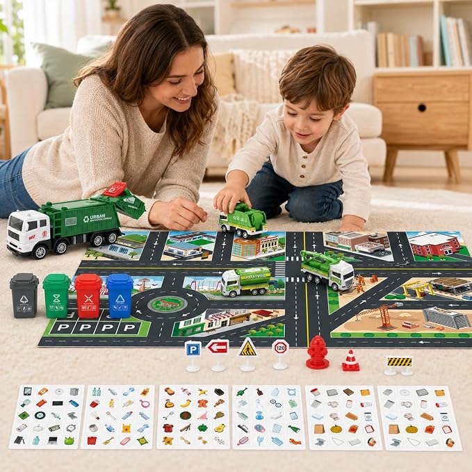 Cinrobiye Garbage Truck Recycling Activity Set with Trash Bins, Sorting Cards, City Map, Road Signs & Vehicles, Earth Day Supplies for Classroom Projects, Environmental Awareness Activities