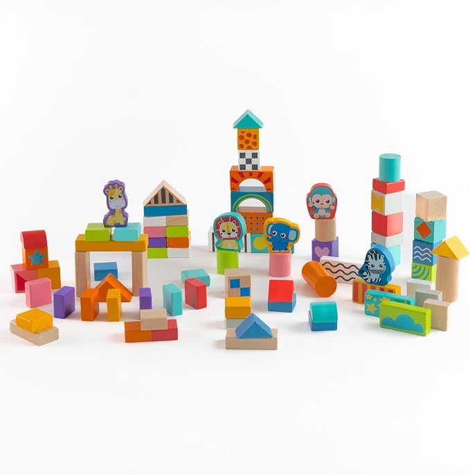 Jasey's Toy Chest Build & Imagine Wooden Blocks | 80-Piece Educational Building Set with Animal & Shape Blocks | Toddlers Ages 12+ Months