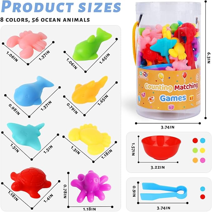 AMOR PRESENT 56 Couting Animals, 6 Sorting Bowls, 2 Tweezers, Storage Tube | Ocean Animals, Color Sorting Toys, Matching Game, Montessori Learning, for Toddlers, Fine Motor Skills