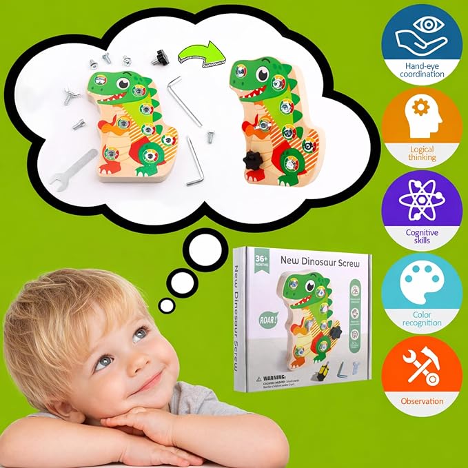 Montessori Dinosaur Screw Board, 8 Screws, Fine Motor Toy for Kids Ages 3+ | Matching 4 tools to different screw-head styles for repeat remove-and-replace play